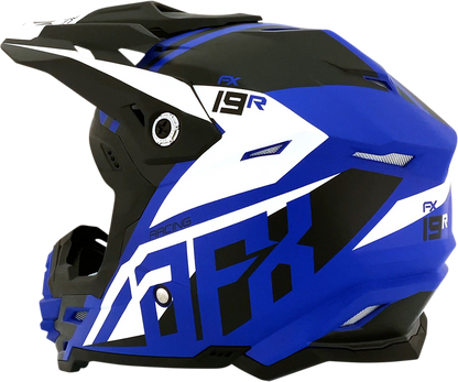 Bill's Exhausts AFX FX-19R racing helmet in matte blue, large size, with aerodynamic design and secure strap visible.