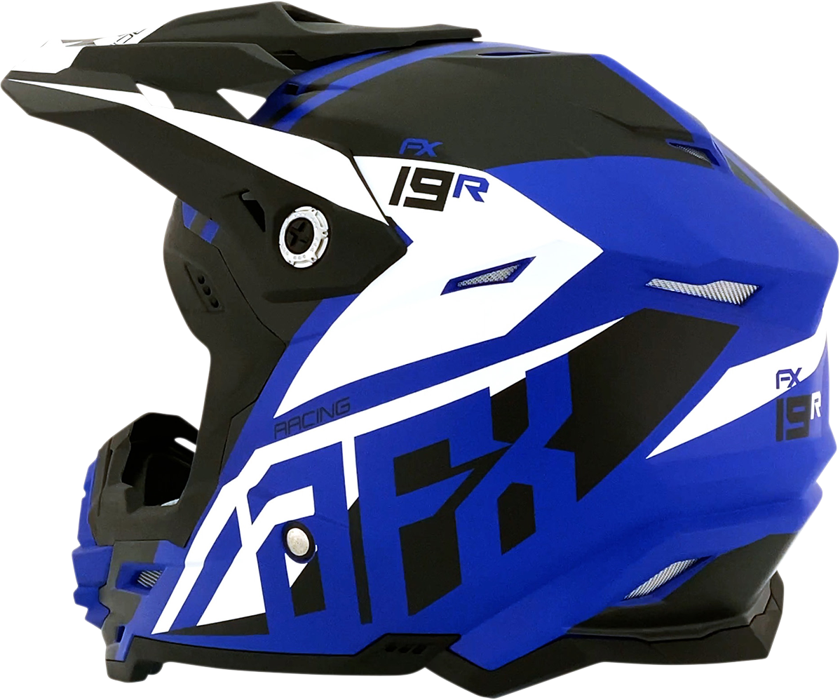 Matte blue AFX FX-19R racing helmet in small size with aerodynamic design and racing visor, displayed on a plain background.