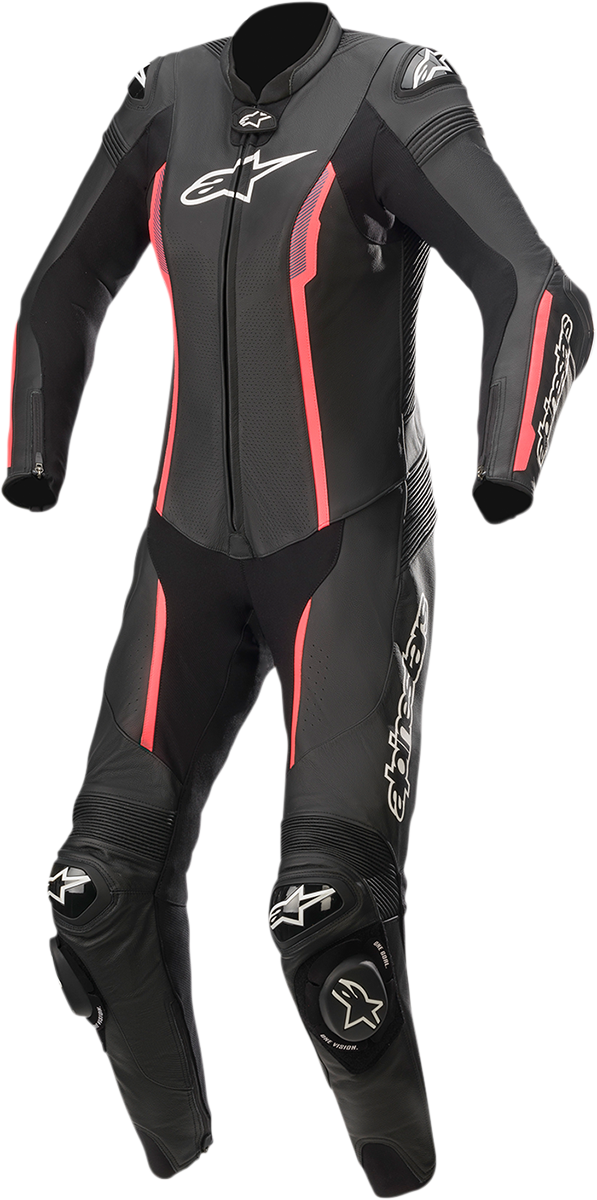 Black and pink Alpinestars Stella Missile 1-piece motorcycle suit in US size 8, featuring protective armor and sleek design.