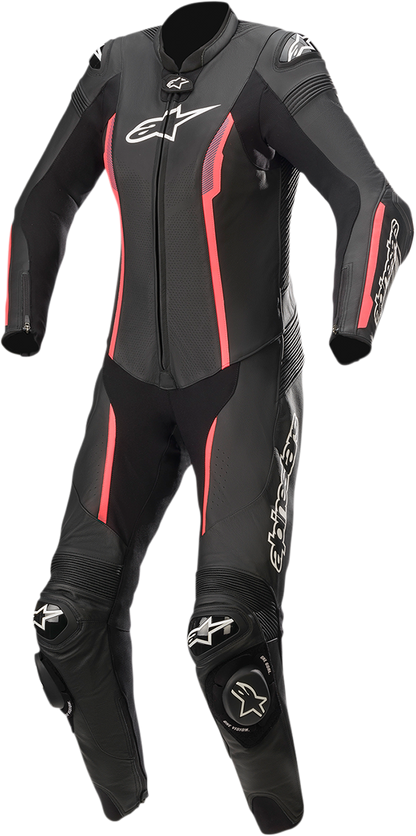 Black and pink ALPINESTARS Stella Missile 1-piece motorcycle suit, US 2 / EU 38, with protective padding and sleek racing design.