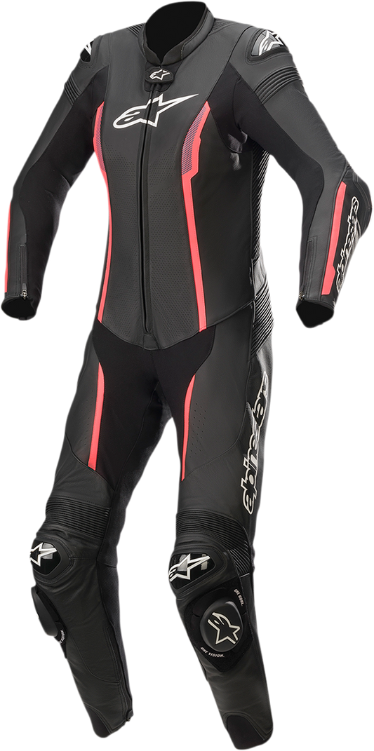 Black and pink ALPINESTARS Stella Missile 1-piece motorcycle suit, US 2 / EU 38, with protective padding and sleek racing design.