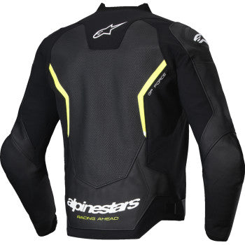 Black and yellow Alpinestars GP Force Air Flo leather jacket for men, size 52, with detailed stitching and ventilation panels.