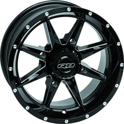 QuadBoss Slicer 14x7 aluminum powersports wheels with black center caps, high-performance off-road rims for ATVs and UTVs.