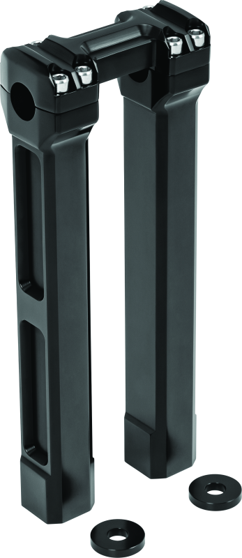 Kuryakyn 12-inch black billet handlebar risers for Harley-Davidson motorcycles, shown installed on the bike's handlebar area.
