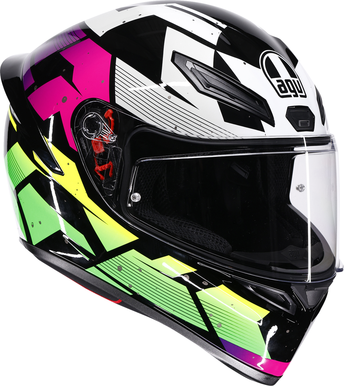 AGV K1 S Punkpulse full face motorcycle helmet in black, purple, and lime with vent details and secure chin strap, medium size