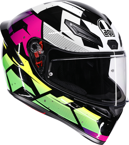 AGV K1 S Punkpulse full face motorcycle helmet in black, purple, and lime with vent details and secure chin strap, medium size