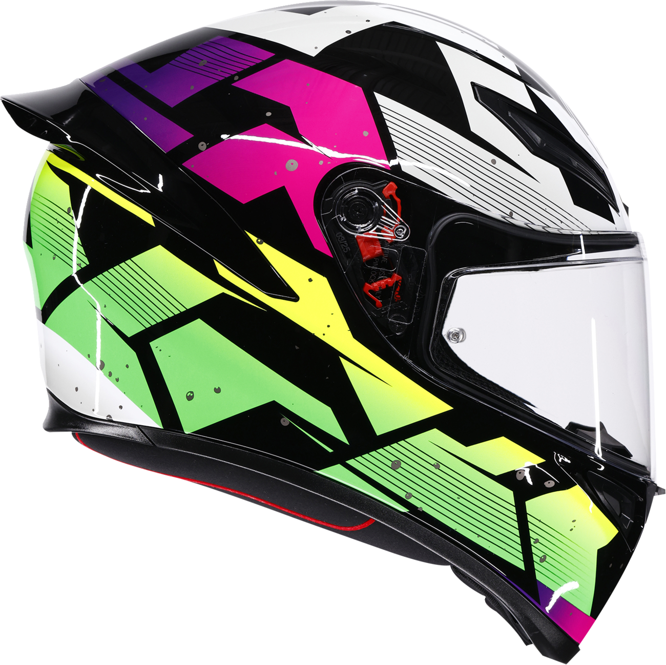 AGV K1 S Punkpulse full face motorcycle helmet in black, purple, and lime, medium size, with sleek aerodynamic design.