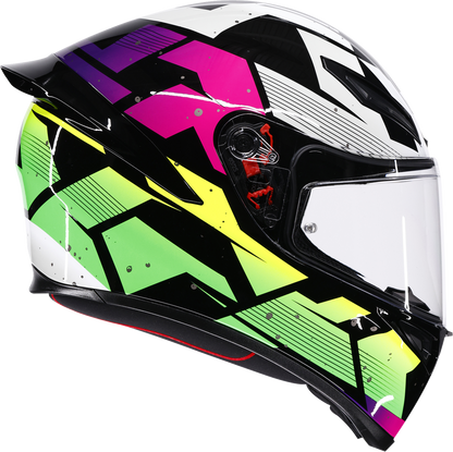 AGV K1 S Punkpulse full face motorcycle helmet in black, purple, and lime, medium size, with sleek aerodynamic design.