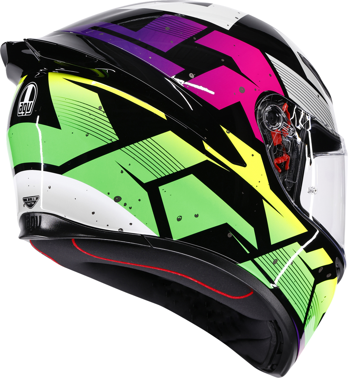 AGV K1 S Punkpulse full face motorcycle helmet in black, purple, and lime with a sleek design and adjustable strap.