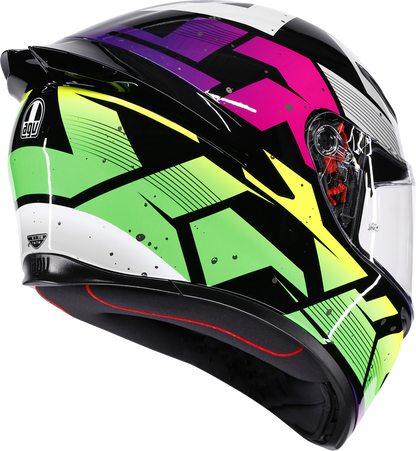 AGV K1 S Punkpulse full face motorcycle helmet in black, purple, and lime with a sleek design and adjustable strap.