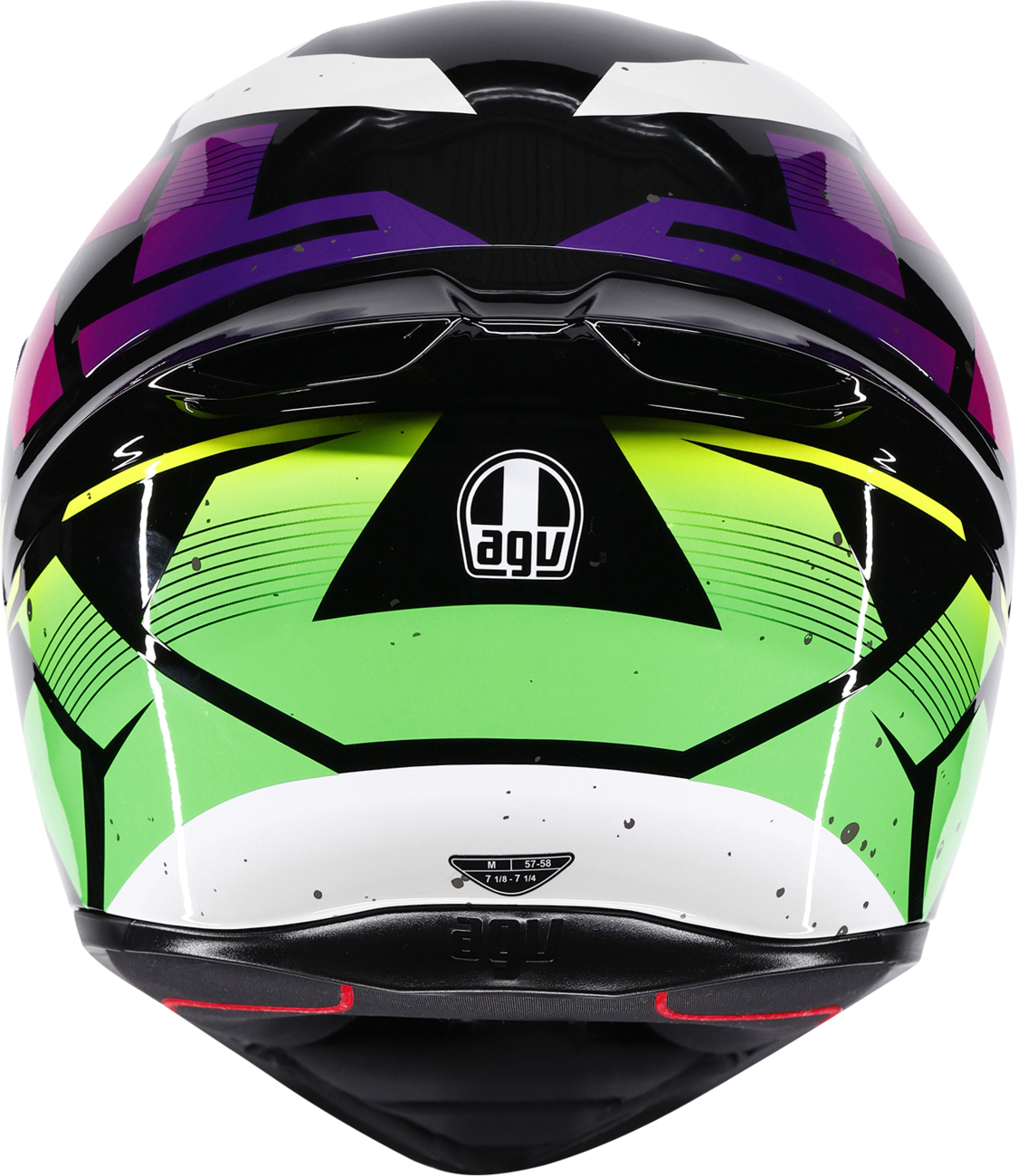AGV K1 S Punkpulse full face motorcycle helmet in black, purple, and lime with a sleek design and adjustable strap.
