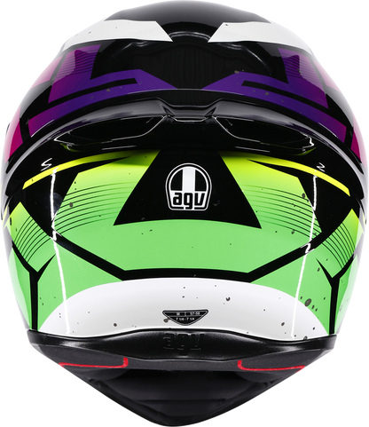 AGV K1 S Punkpulse full face motorcycle helmet in black, purple, and lime with a sleek design and adjustable strap.