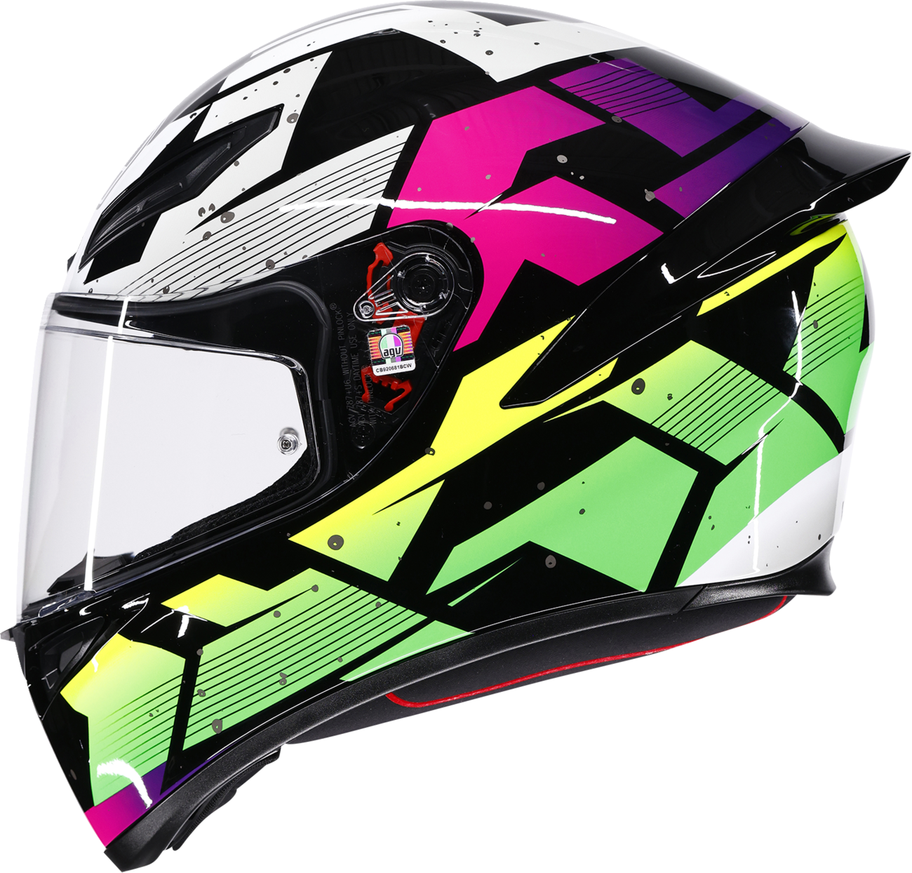 AGV K1 S Punkpulse full face motorcycle helmet in black, purple, and lime with ventilation and secure strap in medium size
