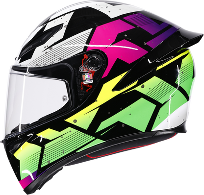AGV K1 S Punkpulse full face motorcycle helmet in black, purple, and lime with ventilation and secure strap in medium size