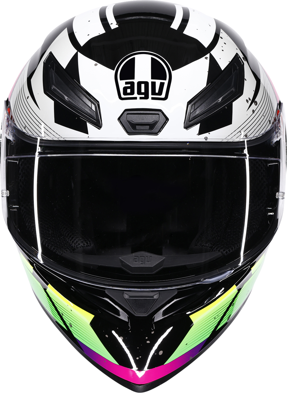 AGV K1 S Punkpulse full face helmet in black, purple, and lime with ventilation vents and secure strap, medium size.
