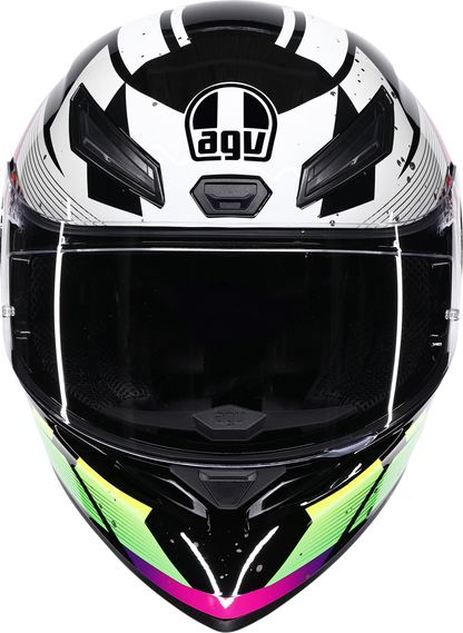 AGV K1 S Punkpulse full face helmet in black, purple, and lime with ventilation vents and secure strap, medium size.