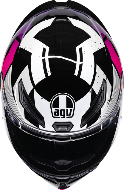 AGV K1 S Punkpulse full face motorcycle helmet in black, purple, and lime with venting and aerodynamic design, medium size.