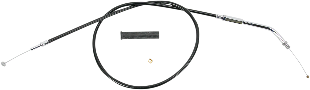 Black vinyl throttle cable with chrome fittings and nylon liner, 31-3/4 inches long from DRAG SPECIALTIES.