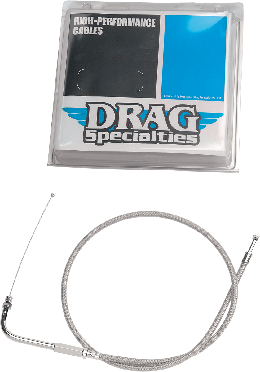 Stainless braided 38-inch throttle cable by Drag Specialties with metal end fittings for motorcycle control.