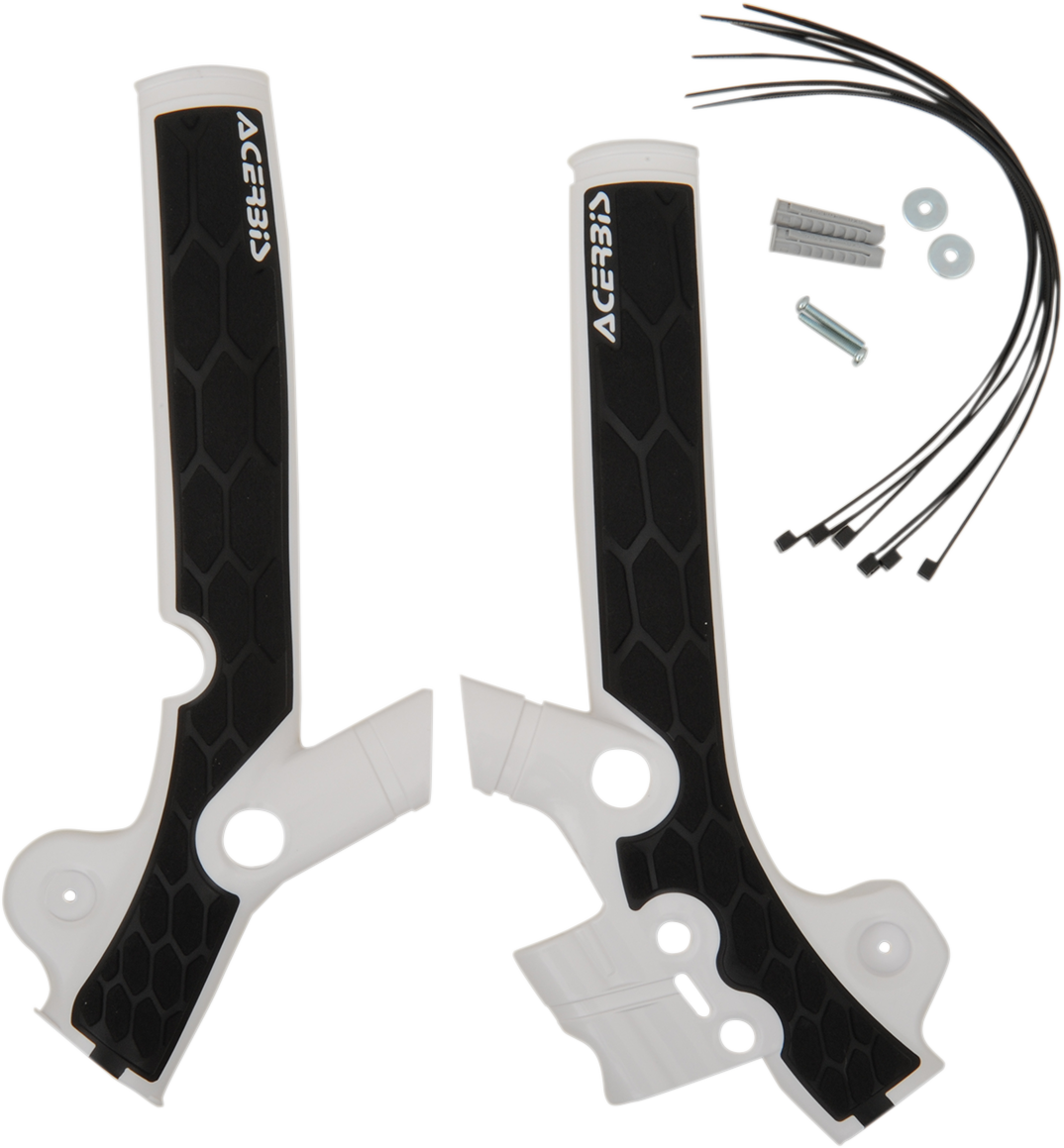 A close-up of white and black Acerbis X-Grip frame guards for Yamaha SX 85 motorcycle, showcasing durable body protection.