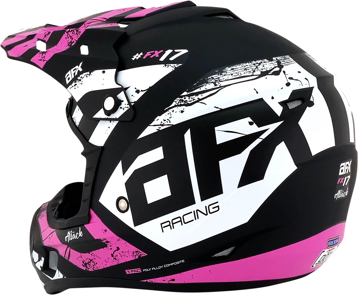 Bill's Exhausts AFX FX-17 Attack helmet in matte black and fuchsia, 2XL size, with sleek aerodynamic design and bold color accents.