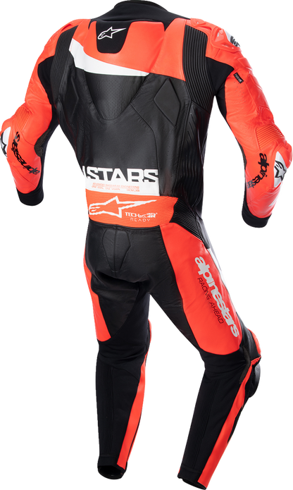 Alpinestars GP Plus v4 leather racing suit in black, red fluo, and white with padded armor, size US 38 / EU 48.