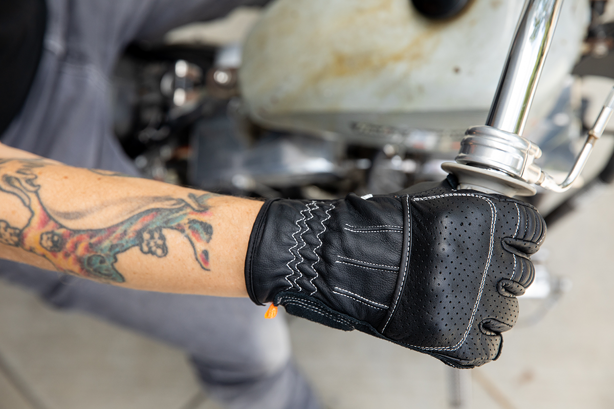 Bill's Exhausts BILTWELL Borrego Gloves in black and cement, medium size, showing durable leather and reinforced knuckles.