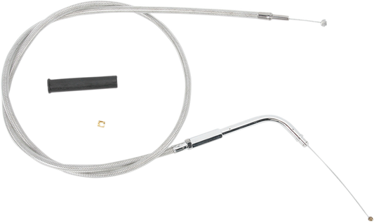Stainless braided 30-inch idle cable by DRAG SPECIALTIES with metal fittings and braided exterior for motorcycle throttle control.