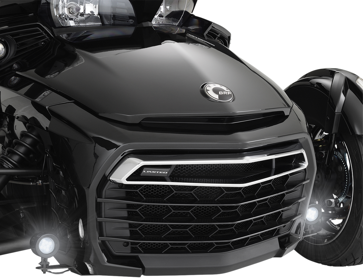 Black satin SHOW CHROME driving lights for Spyder F3 engine by Bill's Exhausts, mounted on vehicle with polished finish.