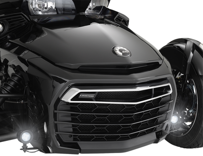 Black satin SHOW CHROME driving lights for Spyder F3 engine by Bill's Exhausts, mounted on vehicle with polished finish.
