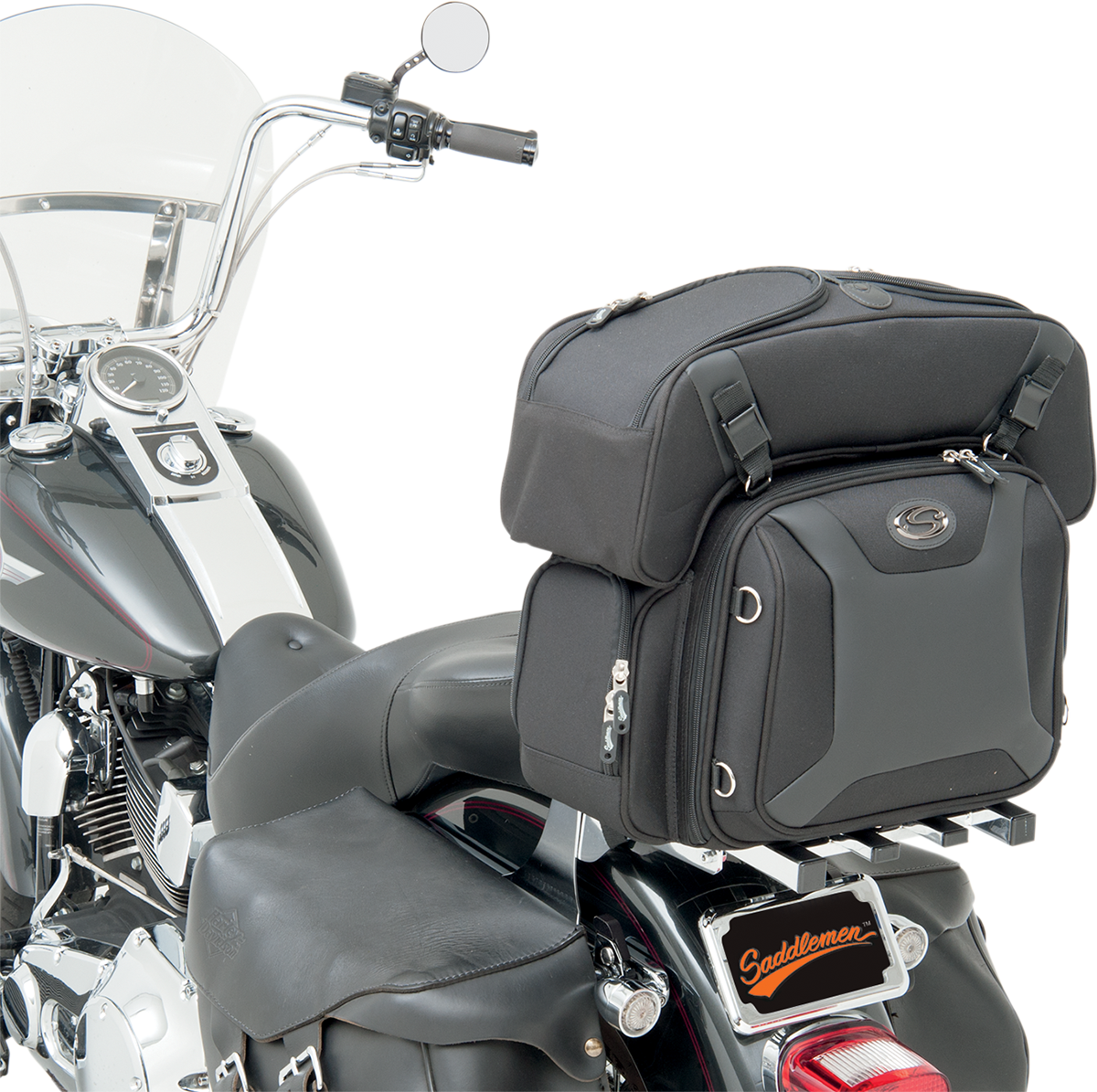 SADDLEMEN FTB2500 Sport Sissy Bar and Combo Bag attached to motorcycle seat, black leather with mounting hardware.