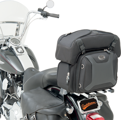 SADDLEMEN FTB2500 Sport Sissy Bar and Combo Bag attached to motorcycle seat, black leather with mounting hardware.