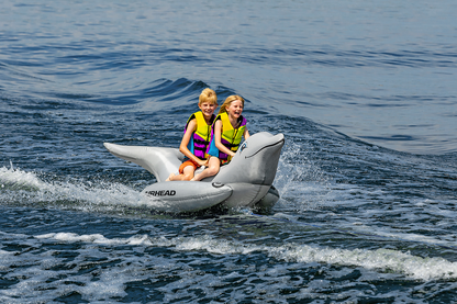 Bill's Exhausts Dolphin Riding Tube water toy from AIRHEAD SPORTS GROUP, featuring vibrant dolphin design and seating for multiple riders.