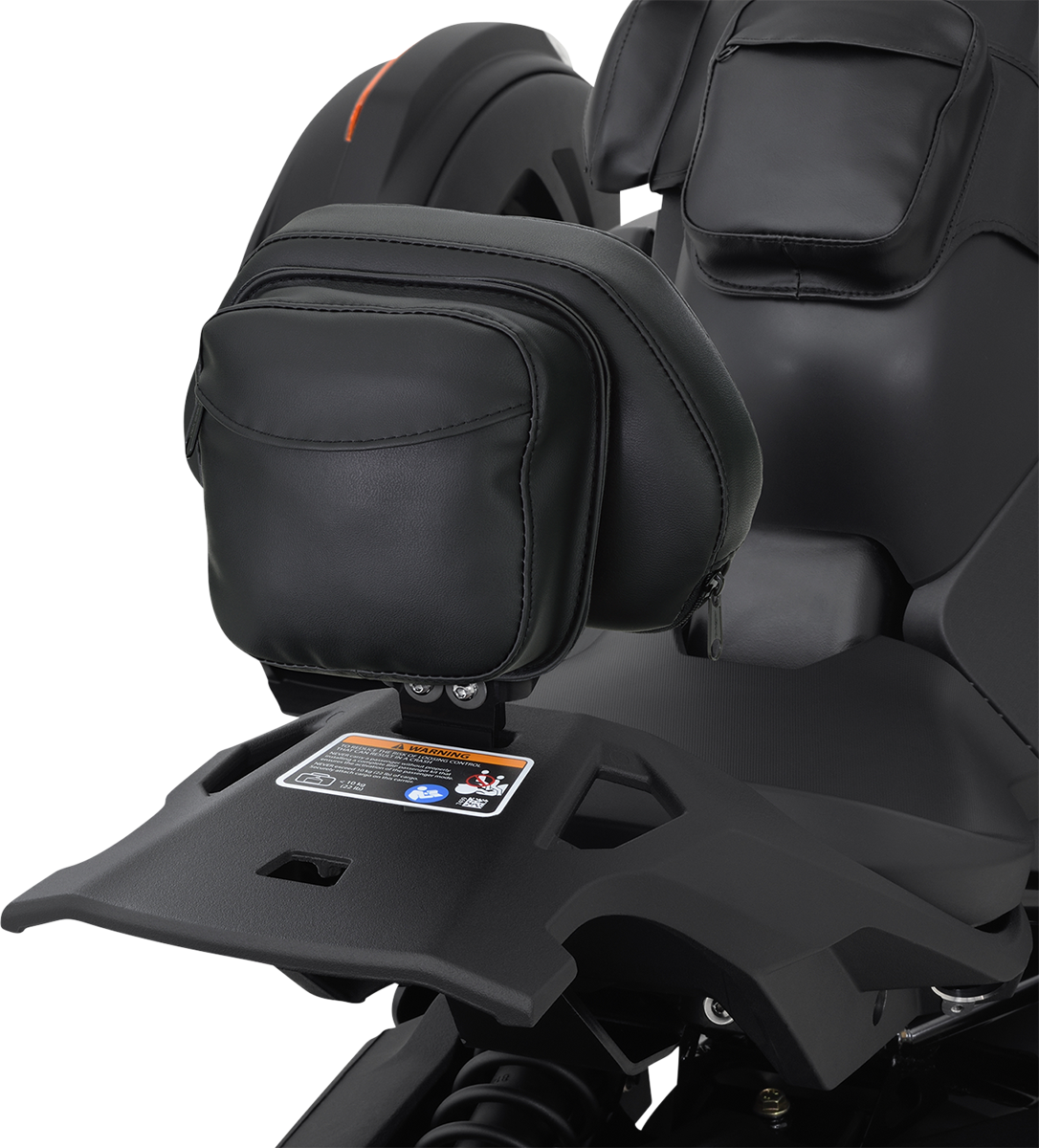 Black SHOW CHROME quick-detach backrest for Ryker 2019-2021, mounted on the engine area with visible attachment points.