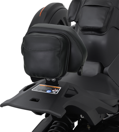 Black SHOW CHROME quick-detach backrest for Ryker 2019-2021, mounted on the engine area with visible attachment points.