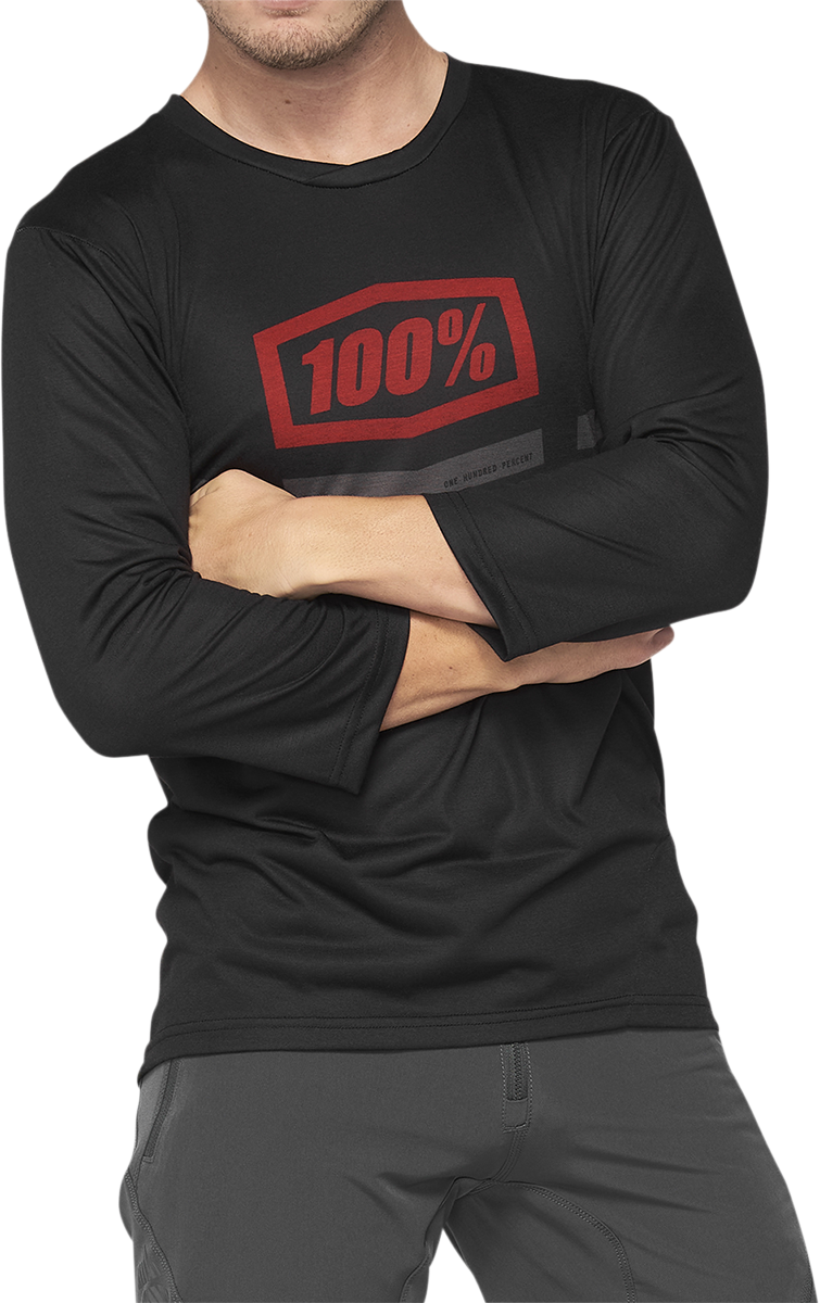 Black and red 100% Airmatic 3/4 sleeve jersey by Bill's Exhausts, shown in size XL with front view.