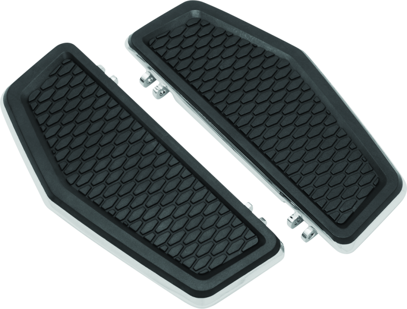 Kuryakyn Hex Driver Floorboards for Harley-Davidson Touring and Softail bikes, showing the black metal footrest surfaces.