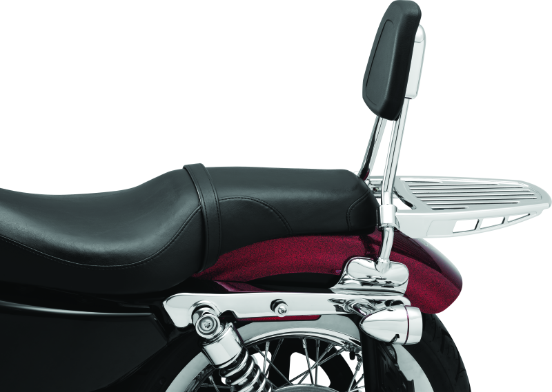 Kuryakyn chrome luggage rack sissy bar for Harley-Davidson sissy bars, part #6580, mounted on motorcycle backrest.