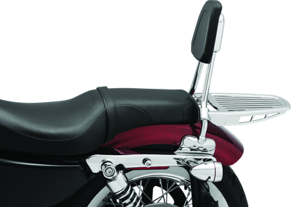 Kuryakyn chrome luggage rack sissy bar for Harley-Davidson sissy bars, part #6580, mounted on motorcycle backrest.