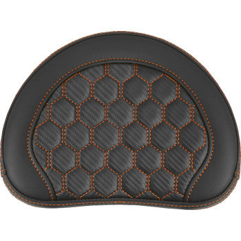 SADDLEMEN RoadSofa™ sissy bar pad in honeycomb orange stitching for motorcycle, featuring stylish orange accents and comfortable padding
