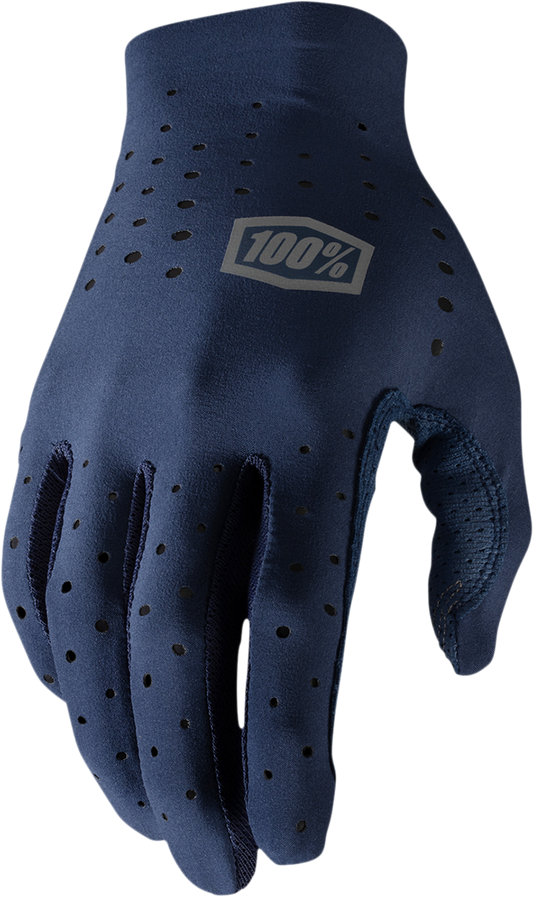 Bill's Exhausts 100% Sling MTB gloves in navy, small size, showing close-up of durable fabric and finger grip design.