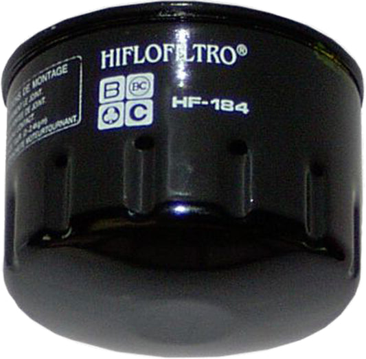 HIFLOFILTRO HF184 motorcycle oil filter showing its cylindrical metal design and labeling for premium engine oil filtration.