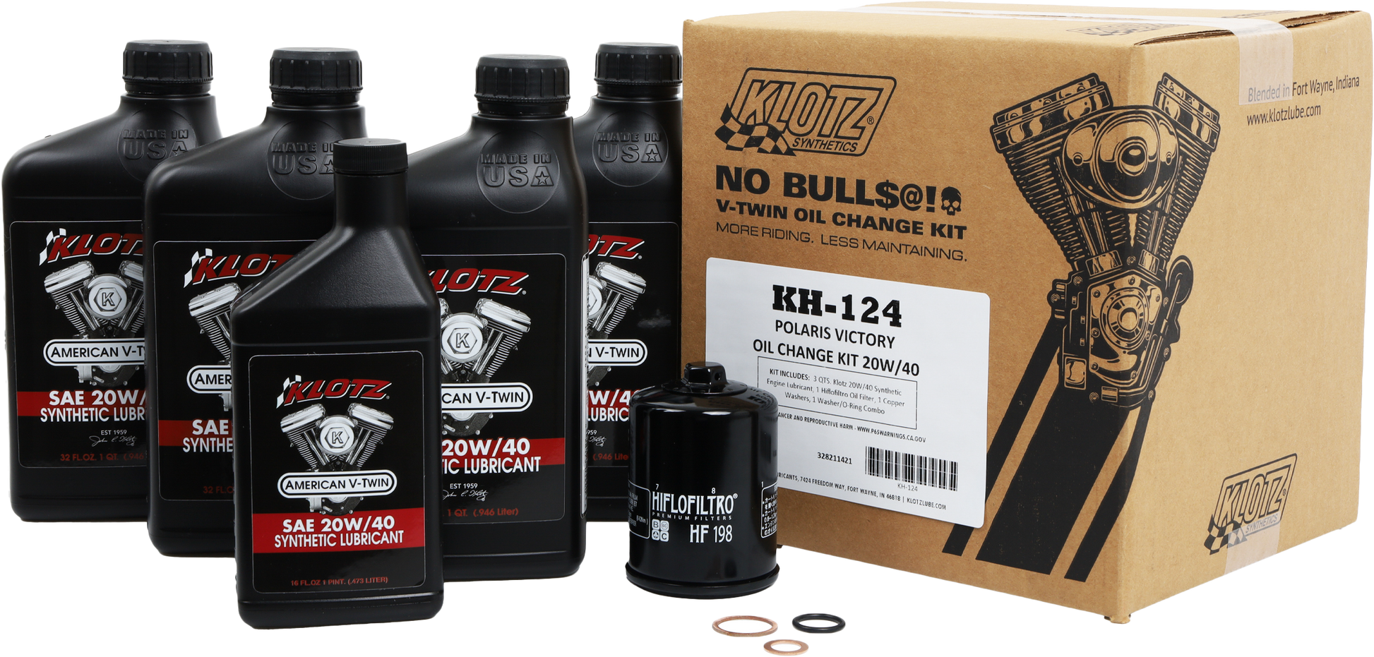 KLOTZ Victory 4.5 Quart synthetic oil change kit with Klotz 20W-40 oil and filter for motorcycle maintenance