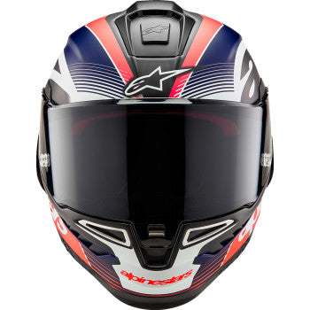 Alpinestars Supertech R10 motorcycle helmet in matte black, carbon red fluo, and blue with team graphics, XS size.