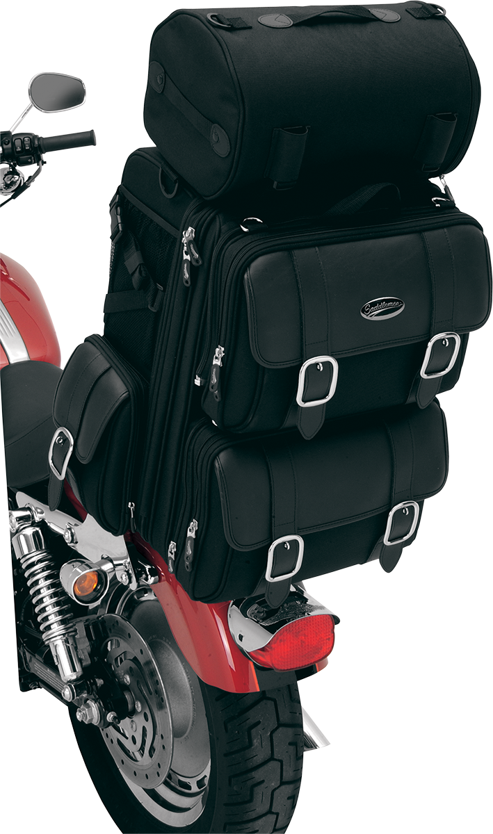 Bill's Exhausts SADDLEMEN S3200DE Deluxe Sissy Bar Bag seat with sturdy design and secure mounting for motorcycle sissy bar.
