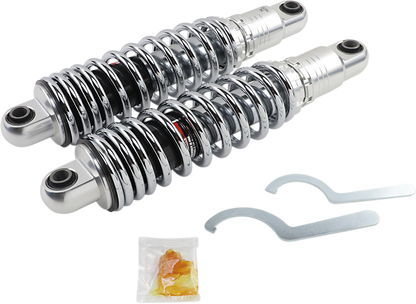 Chrome Drag Specialties shocks with premium ride-height adjustment, 13-inch heavy-duty motorcycle suspension component.
