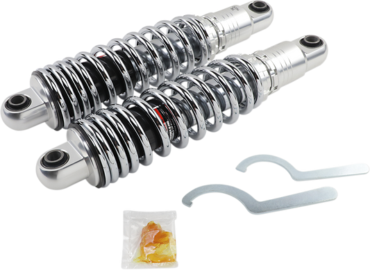 Chrome Drag Specialties shocks with premium ride-height adjustment, 13-inch heavy-duty motorcycle suspension component.