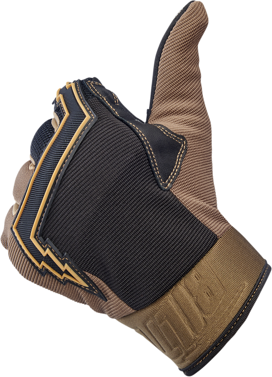 Bill's Exhausts BILTWELL Baja Gloves in chocolate leather, large size, showing detailed stitching and finger design.