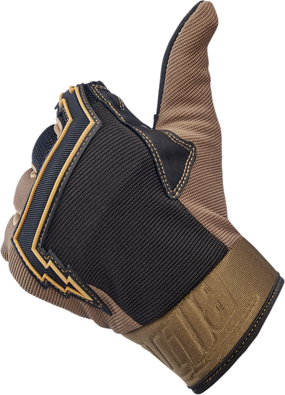 Bill's Exhausts BILTWELL Baja Gloves in chocolate leather, large size, showing detailed stitching and finger design.