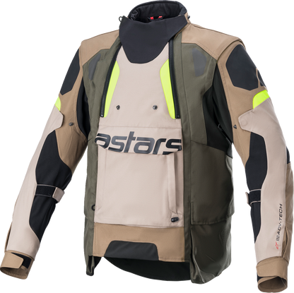 Alpinestars Halo Drystar® black, sand, and yellow motorcycle jacket with protective features and adjustable cuffs.